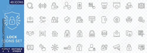 Lock icon set. Containing padlock, security, unlock, lock document, secured, biometric, chain, protect, secure, Etc. Fully Editable. Vector illustration.