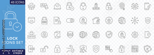 Lock icon set. Containing padlock, security, unlock, lock document, secured, biometric, chain, protect, secure, Etc. Fully Editable. Vector illustration.