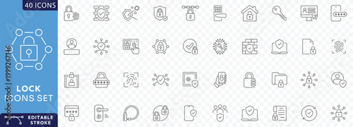 Lock icon set. Containing padlock, security, unlock, lock document, secured, biometric, chain, protect, secure, Etc. Fully Editable. Vector illustration.