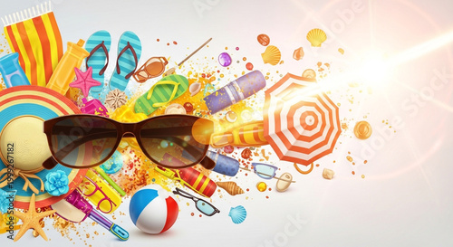 Summer vacation, beach party, sunglasses, colorful icons, fun elements