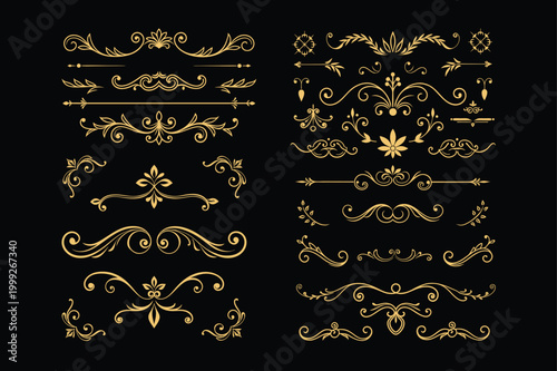Golden Ornate Victorian Decorative Borders and Flourishes Elegant Page Dividers Frames and Design Elements Collection