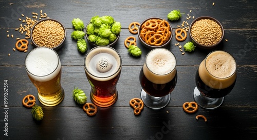 Four glasses of craft beer with hops and pretzels