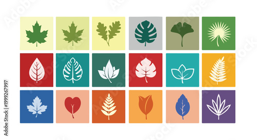 A colorful collection of leaf icons on squares