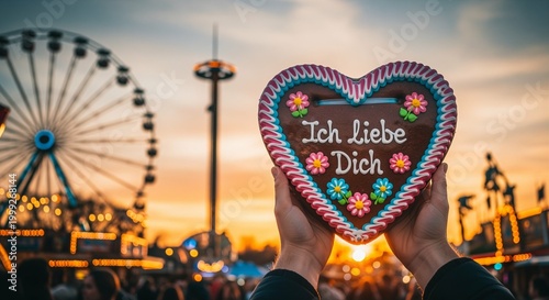 Gingerbread heart with ich liebe dich text at sunset fairground