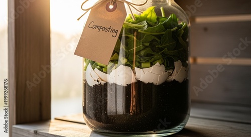 Glass jar with organic compost layers and composting label
