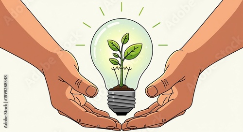 Hands holding glowing light bulb with growing green plant inside