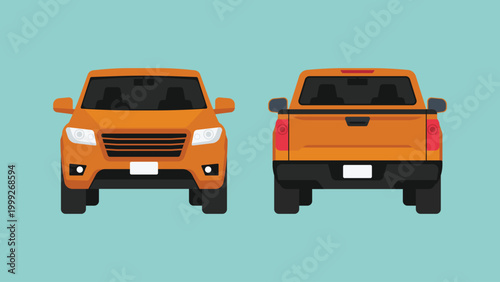 Orange pickup truck in front and rear view with modern utility design, suitable for transport, logistics, work use, and mobility concept, flat vector illustration