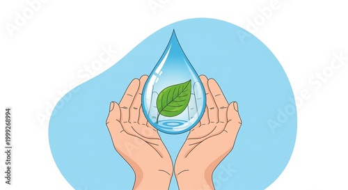 Human hands holding water drop with green leaf inside