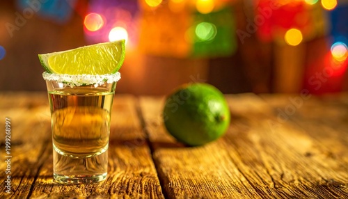 Authentic tequila shot glass with fresh lime on wood background perfect for Cinco de Mayo fiesta