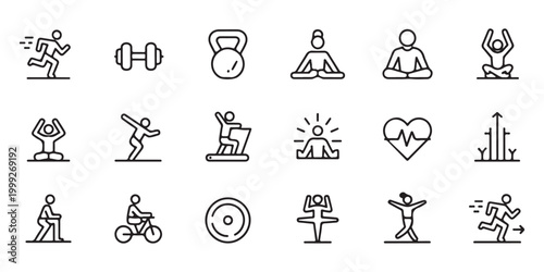 Outline Icons Representing Fitness, Sports, and Wellness Activities