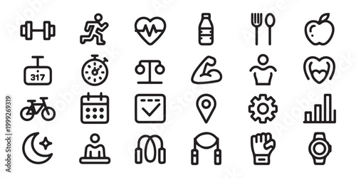 Fitness and Health Line Icons Set on White Background