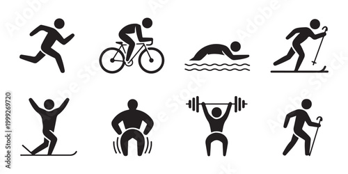 Diverse Sports and Athletic Activity Icon Collection, Fitness Silhouettes