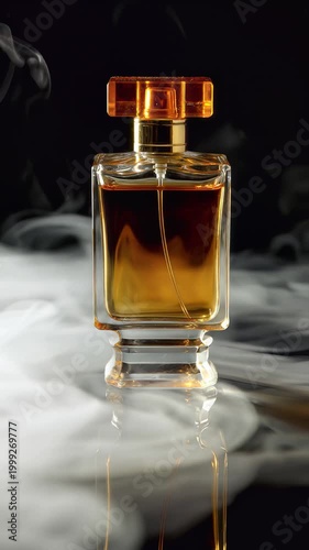 Luxurious perfume bottle on reflective surface with white smoke