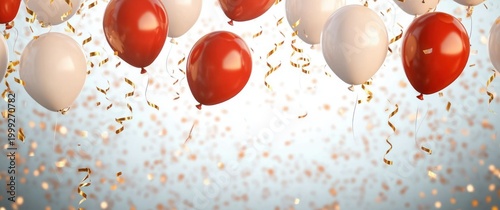 red and white balloons with gold streamers and falling confetti over soft bokeh background conveying a joyful festive celebration