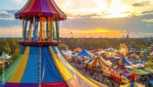 Vibrant Amusement Park at Sunset with Carousel.