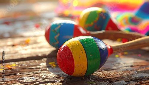 Vibrant Mexican maracas on rustic wood perfect for Cinco de Mayo fiesta and musical celebrations