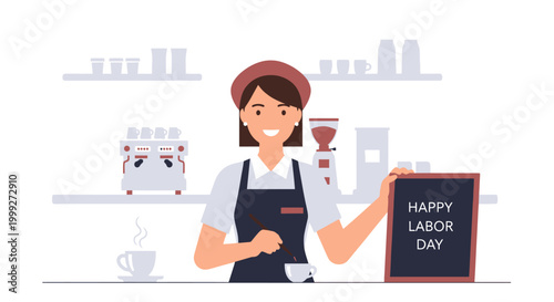 Woman in apron holding Labor Day sign at coffee shop counter with cups and equipment on shelves behind her.