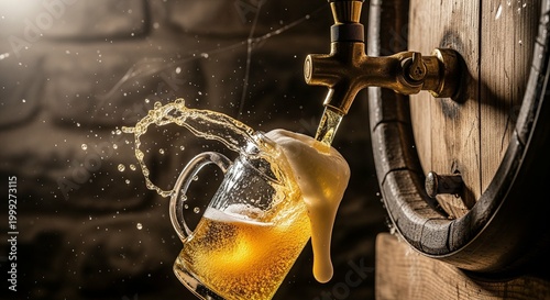 Draft beer pouring from wooden barrel into glass mug