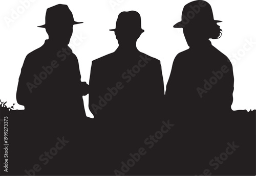 Three men in hats silhouette against white background showing backs in mysterious image.