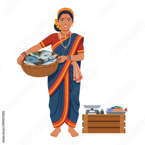 Smiling Indian fisherwoman in a traditional blue saree holding a woven basket of fresh fish, standing next to a wooden crate with a weighing scale.