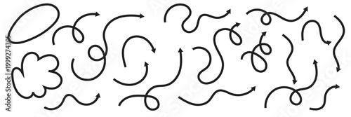 Hand drawn curved arrows icon. Showing direction, movement and flow, useful for navigation, diagrams, infographics, and design elements.