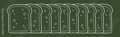 Bread slices drawing outline cartoon clipart vector with white loaf doodle line on green background for food art design