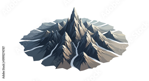 Isometric vector art showing a stylized mountain range with a sharp peak, rendered in shades of gray and white with a minimalist design and a clean background, conveying a sense of scale