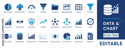 Data Analytics and Chart solid icon set. Includes symbols for Big Data, Dashboard, Algorithm, Cloud Data, and Statistics. Solid vector icons for business reporting and statistical analysis.