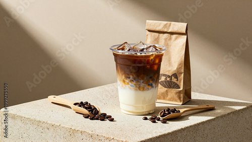 Refreshing iced coffee with milk, beans, and craft packaging setup