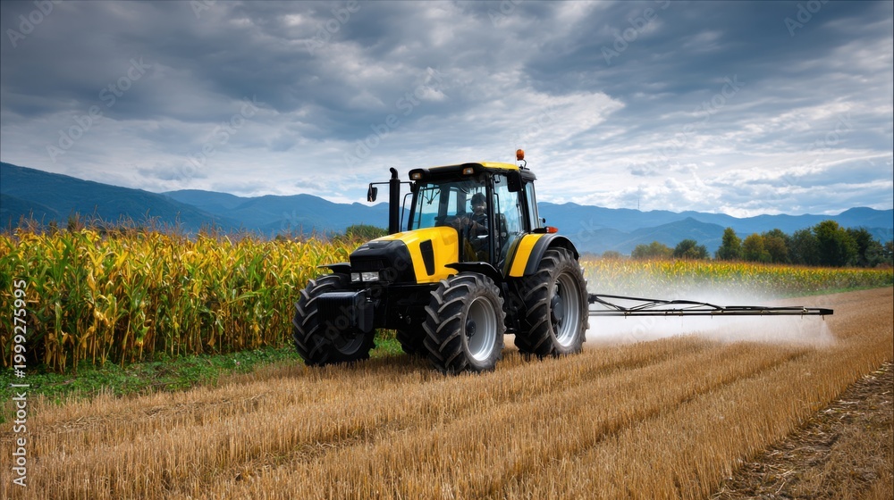 Fototapeta premium Tractor Spraying Fertilizer on Farm Field in Bright Daylight