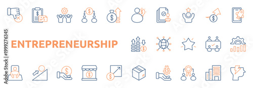 Entrepreneurship icon set color outline style with sales, startup, failure, business plan, team building, crowd funding, founder icons