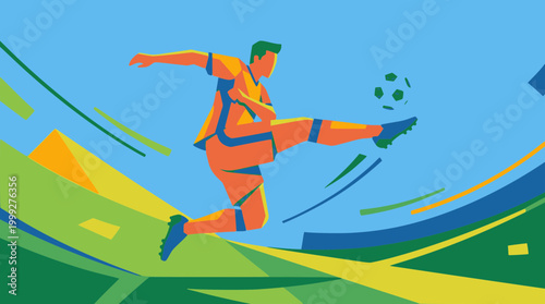 Vector professional soccer player in orange uniform kicking ball in abstract geometric arena