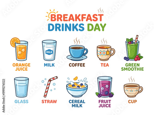 Illustration of a variety of breakfast drinks including juice, milk, coffee, tea, and smoothie on a white background