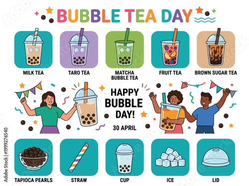Celebrate National Bubble Tea Day with colorful illustrations of popular bubble tea flavors and their ingredients