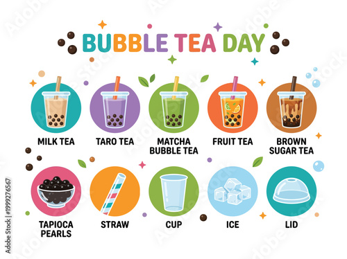Illustration of various bubble tea flavors and ingredients for Bubble Tea Day celebration