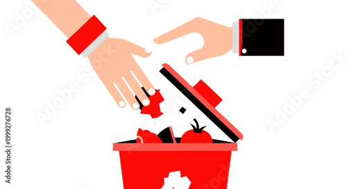 Discarding Food Waste into Red Bin, Reducing Waste Concept, Flat Design