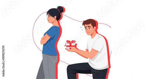 Man apologizes to angry woman with gift, relationship conflict illustration