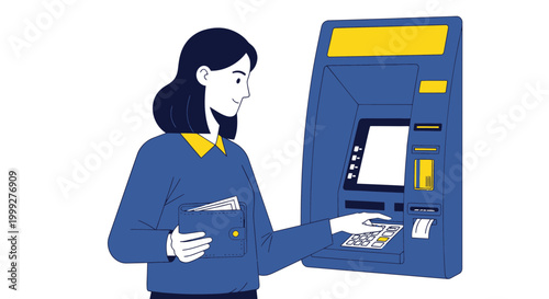 Woman using ATM for cash withdrawal, wallet in hand, financial transaction concept