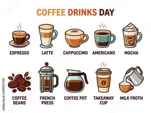 A diverse collection of popular coffee drinks and coffee-related items, perfect for celebrating coffee culture