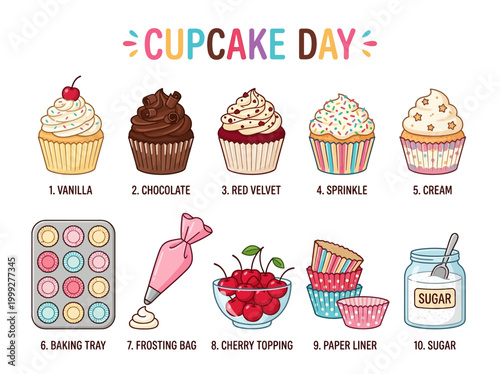 A delightful illustration celebrating Cupcake Day with various flavors and baking essentials, perfect for sweet treats and dessert lovers