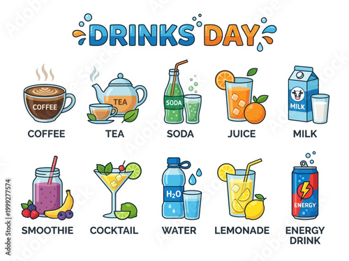A vibrant collection of popular beverage illustrations celebrating DRINKS DAY