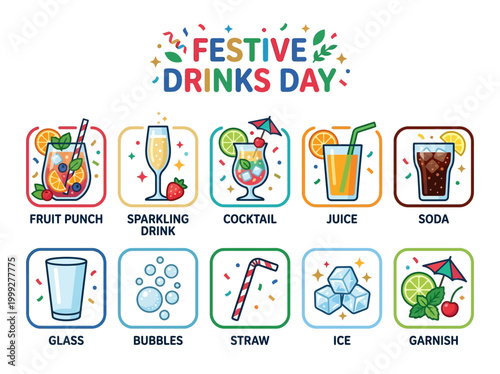 Festive Drinks Day celebration with colorful icons of beverages like punch, cocktail, juice, and soda, plus essential elements like ice and garnish