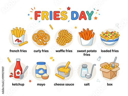 A delightful collection of various types of fries and their accompaniments, perfect for a fun and festive occasion