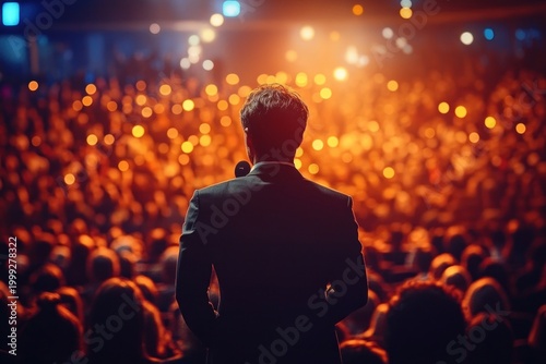 silhouetted speaker in suit holding microphone on stage facing a glowing sea of audience lights, dramatic warm atmosphere of anticipation and inspiration