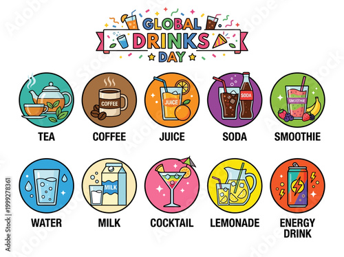 Global Drinks Day celebration with colorful icons representing different beverages from around the world