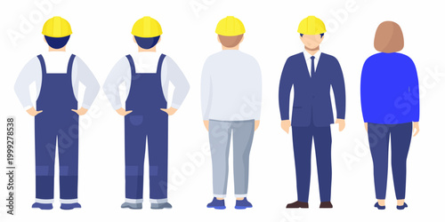 Lineup of five figures in workwear and business attire flat vector illustration