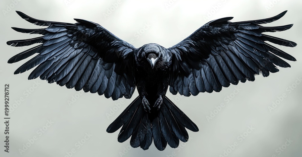 Fototapeta premium black raven with outstretched wings and spread tail feathers, talons extended, facing viewer against a pale grey background, dramatic intense presence