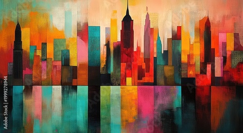 Vibrant abstract city skyline of geometric skyscraper silhouettes reflected on water at sunset, warm and cool colors creating an energetic dreamy waterfront mood