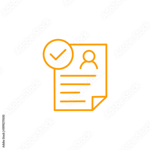 Resume Checked Icon - Orange outline symbol of document with checkmark for hiring and HR