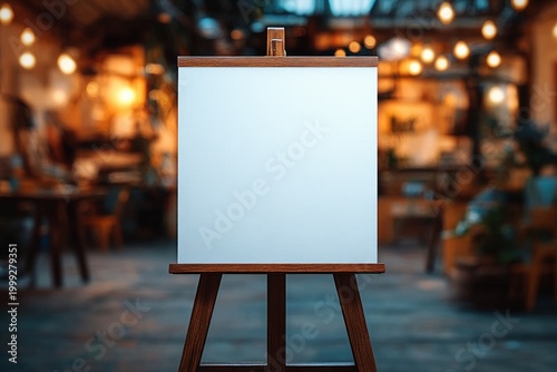 blank white canvas on a wooden easel in a warm cozy blurred cafe studio with bokeh lights, evoking quiet creative inspiration